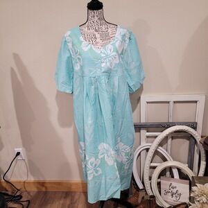 House Dress Mumu Women's SZ XL Aqua tropical print midi dress w/pocketscomfort